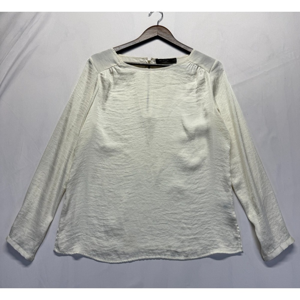 The Limited Blouse Top Womens Large Beige Round Neck Pleated Side Slits Back Zip